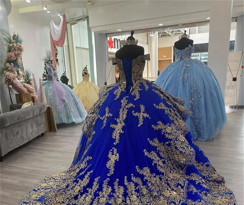 ชุดเจ้าหญิงสีฟ้าราชวงศ์ quinceanera เปิดไหล่ชุดไปงานเต้นรำ appliques หวาน16ชุดเดรส15 años เม็กซิกัน