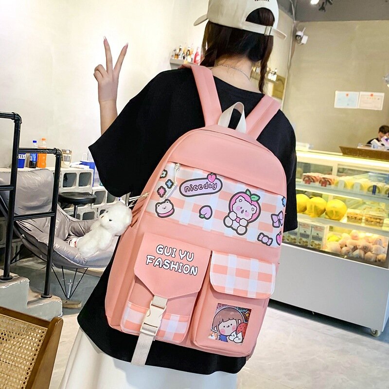 5Pcs/Set Cute Canvas Women School Backpacks for Teenage Girls Book Bag Student High Quality Travel Laptop Backpack Female