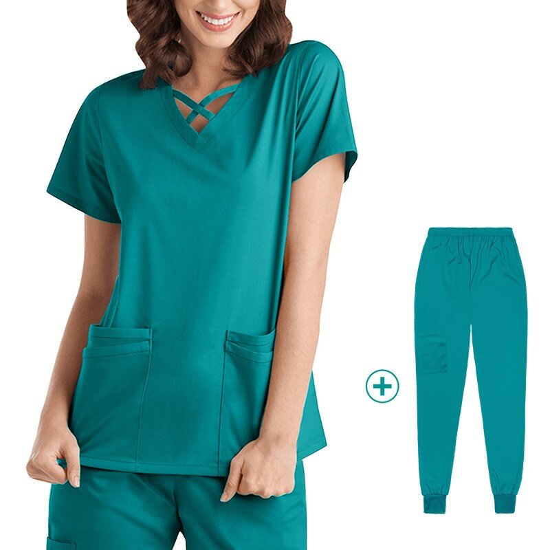 Elástico de secagem rápida uniforme médico, Fina manga curta esfrega conjuntos, Dentista, Farmácia, Sala de cirurgia, Doutor, Enfermeira Workwear