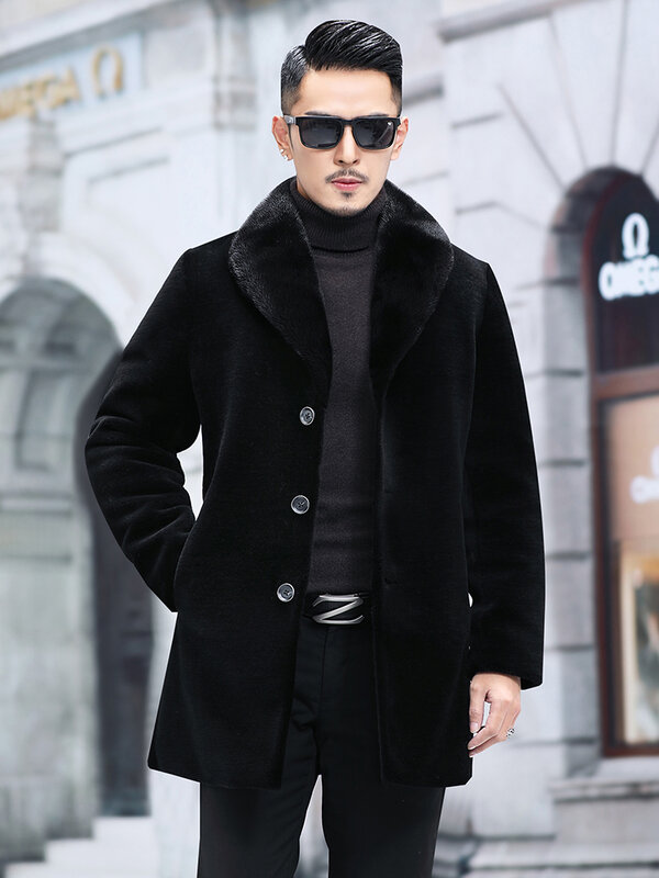 Мужская Утепленная куртка на овчине, Длинная утепленная куртка из натурального меха овчины, зима 2023