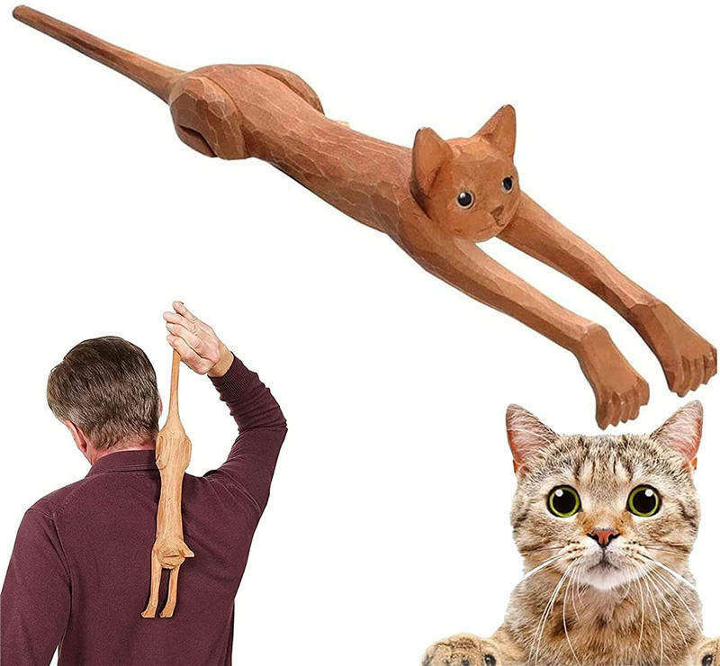 Tiragraffi per la schiena in legno divertente bastone per prurito in legno a forma di gatto regalo per grattaschiena manuale per amante dei gatti Scratcher per la schiena portatile