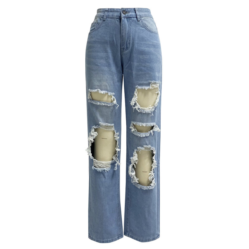 Jins robek untuk wanita lubang pinggang tinggi ibu celana jins suar musim gugur 2023 kasual panjang Streetwear celana Jeans longgar