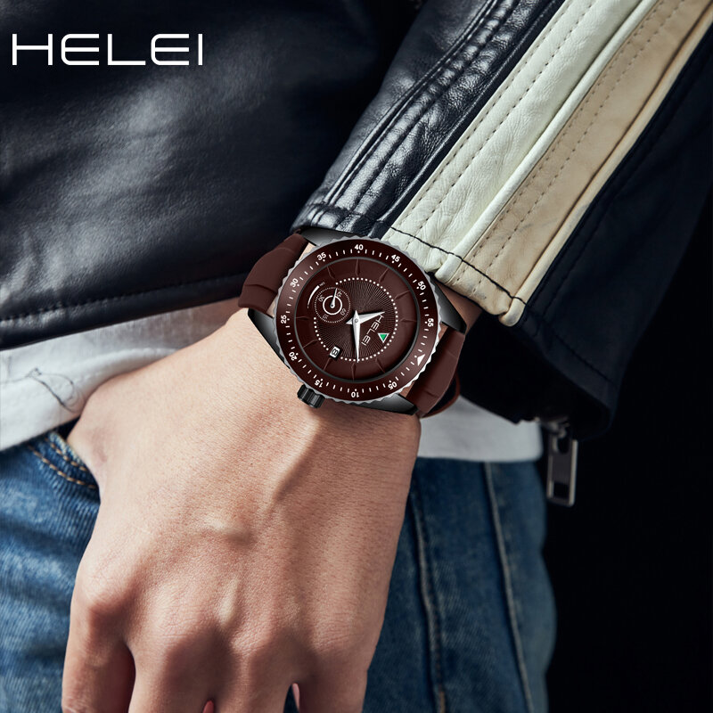 HELEI jam tangan quartz pria, jam tangan olahraga kasual baru modis dengan tali silikon tanggal untuk pria