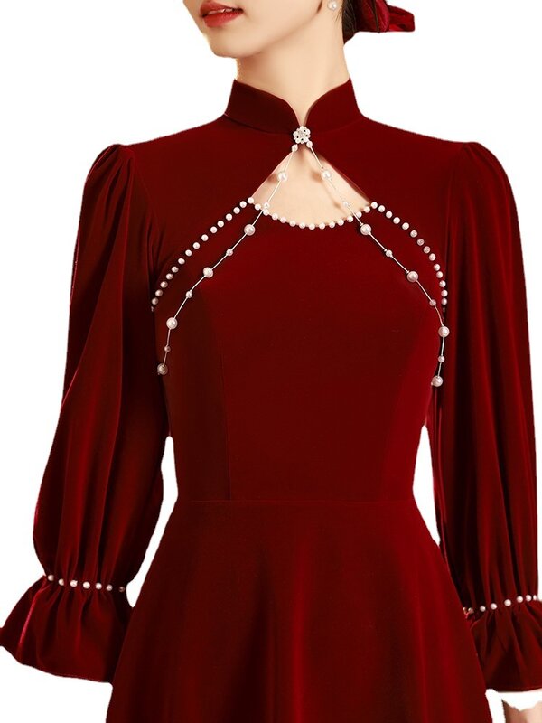 فستان الخطوبة بأكمام طويلة للخريف والشتاء ، شيونغسام العروسي التقليدي ، أحمر النبيذ ، جديد ، من ETESANSFIN