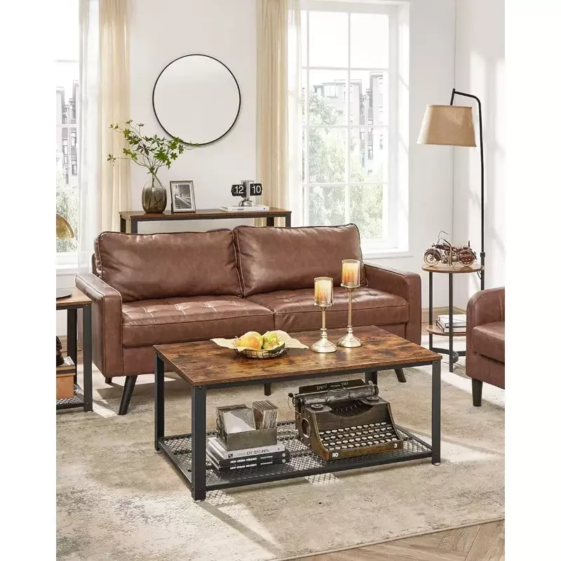 Mesa de centro com pés ajustáveis, móveis rústicos, mesa central marrom e preta com prateleira de malha, mesas estilo industrial, frete grátis