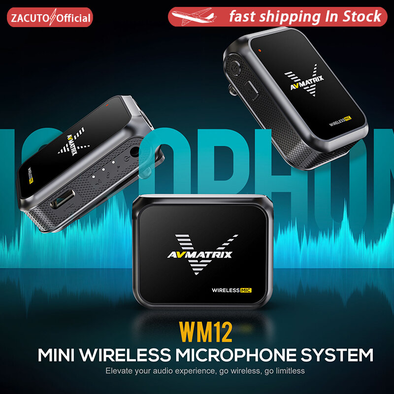 AVMATRIX-Mini sistema de microfone sem fio, WM12, 100m de transmissão, até 2 canais de áudio, Pick Up, 2 canais de saída de áudio, saída USB