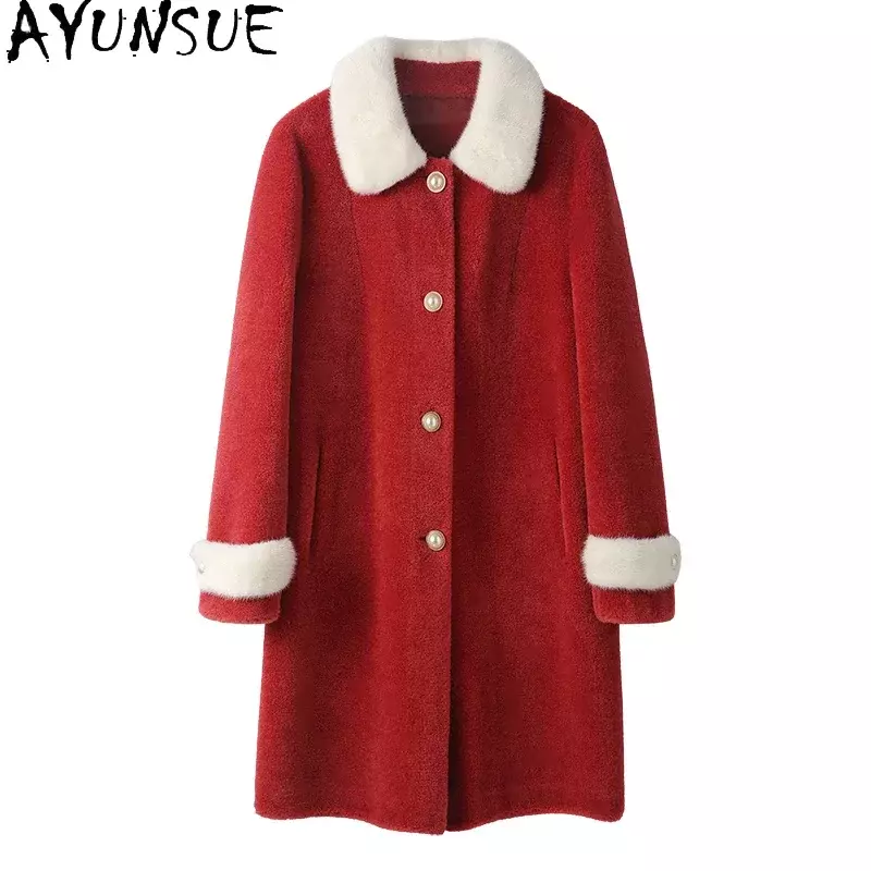 AYUNSUE 100% Wool Coats for Women Mid-length Sheep Shearing Jacket Mink Fur Collar Elegant Granular Wool Coat Jaqueta Feminina