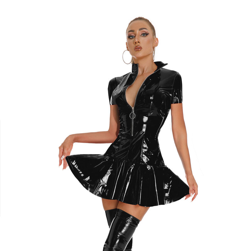 Women Short Sleeve Wet Look Patent Leather Dress Rave Party Nightclub Pole Dancing Costume Glossy Zipper Mini Dresses Clubwear