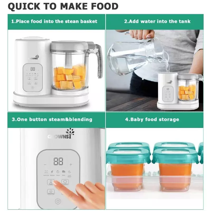 Детская кухня GROWNSY | Комбайн для детского питания | Универсальный блендер для детского питания, пароварка, устройство для автоматического приготовления пищи