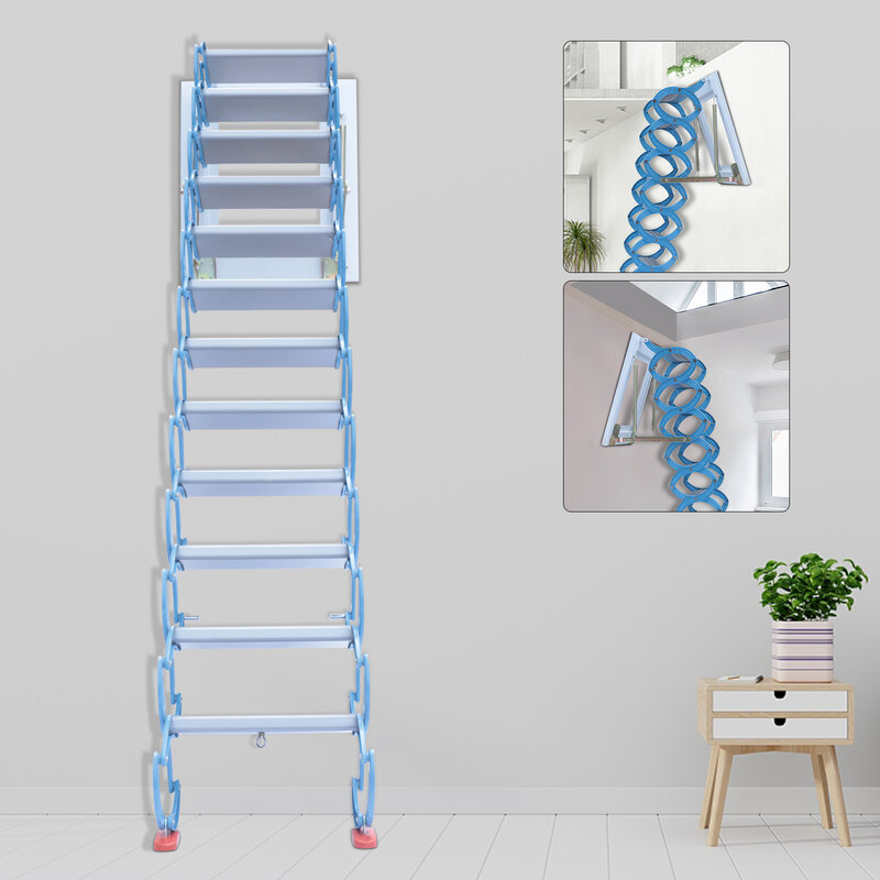 Blue Pulldown Retractable Attic Stairs, Alloy Access Ladder, Wall-mounted Folding Stairs, 12 Steps