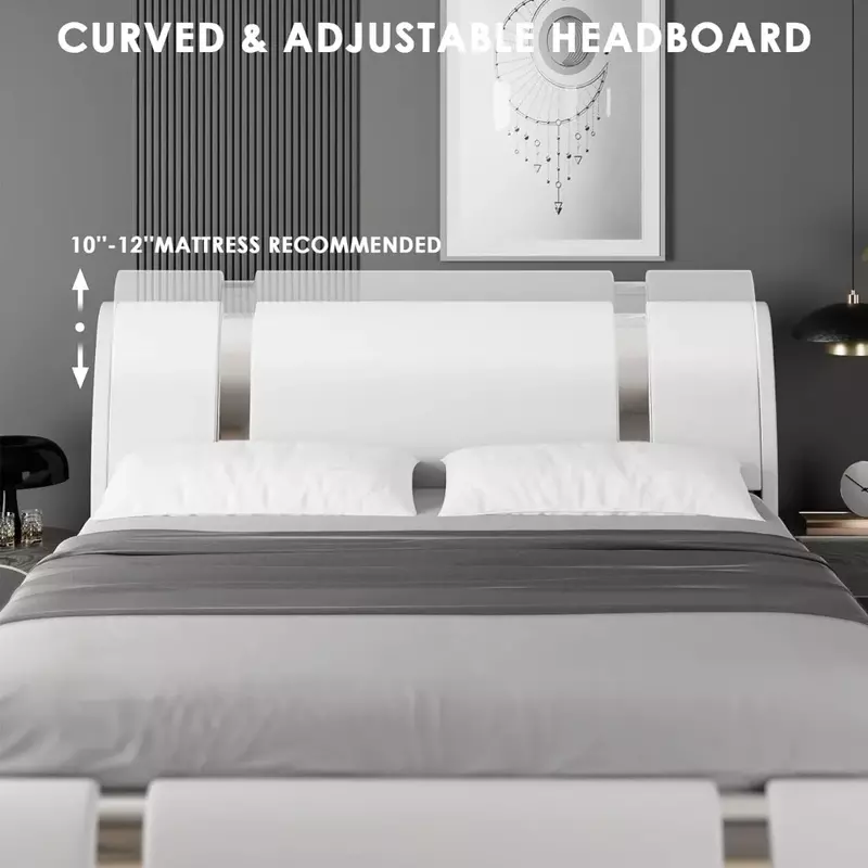 Moderner gepolsterter Plattform bett rahmen aus Kunstleder mit Eisen metall dekor, verstellbarem gebogenem Kopfteil, Betten