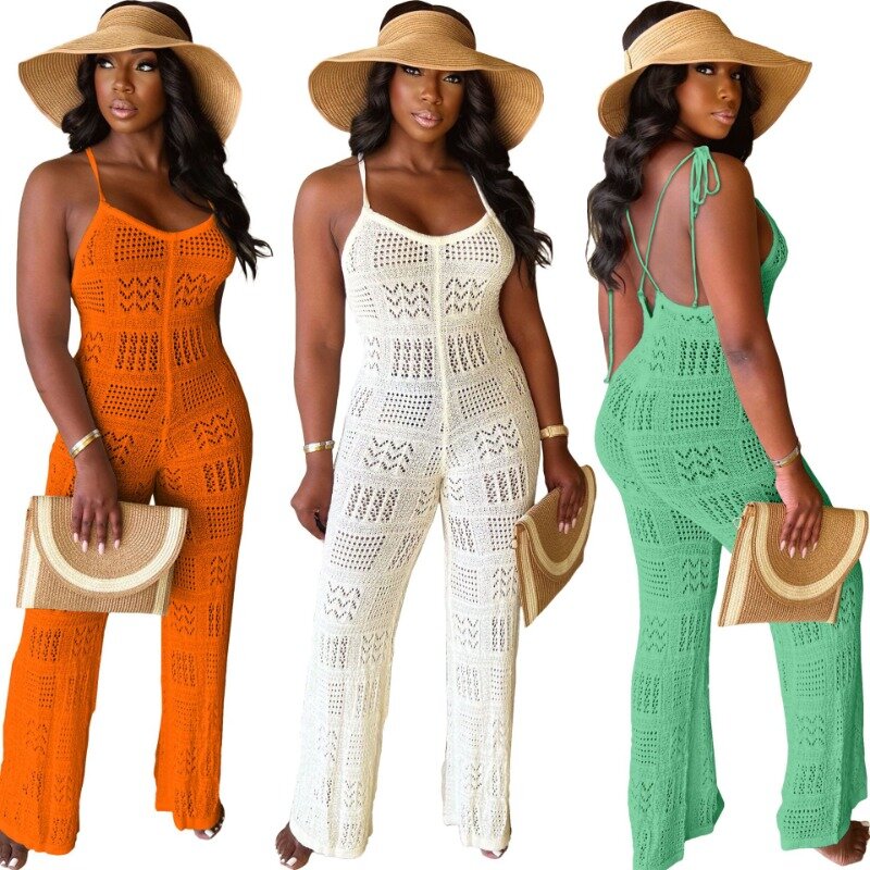 Women Hollow Knitted Camis Jumpsuit Summer Lace Up Spaghetti Straps Backless High Stretch Flare Overalls Holiday Beach Romper
