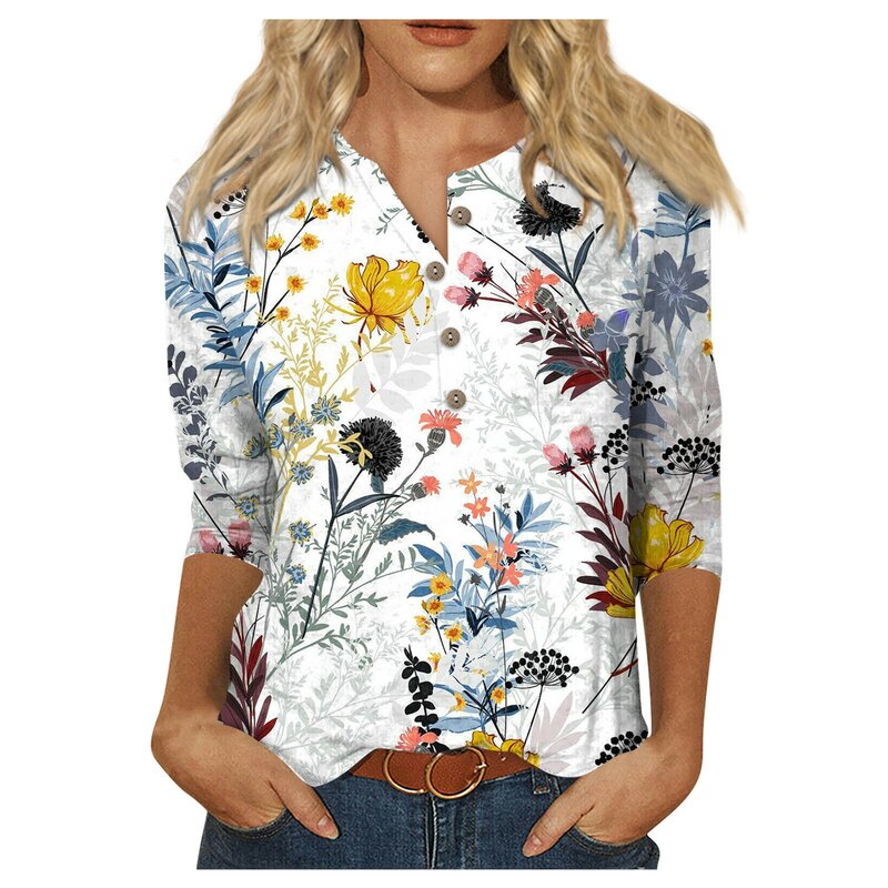 Ladies Floral Print Three Quarter Sleeve Button Collar Top T-Shirt Bottom Shirt Summer Clothes For Women майка женская топы