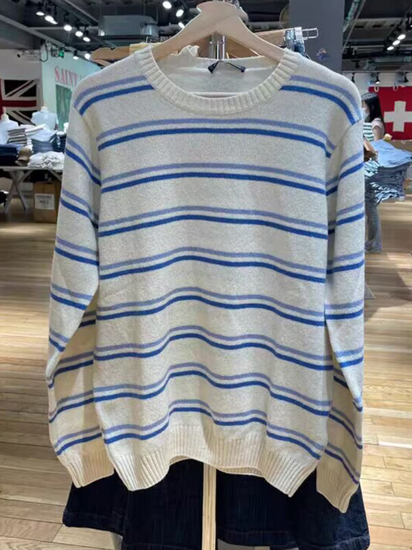 Blue Stripes Sweet Knitted Sweater Autumn Round Neck Long Sleeve Casual Cute Pullover Top For Woman Harajuku Preppy Style Jumper