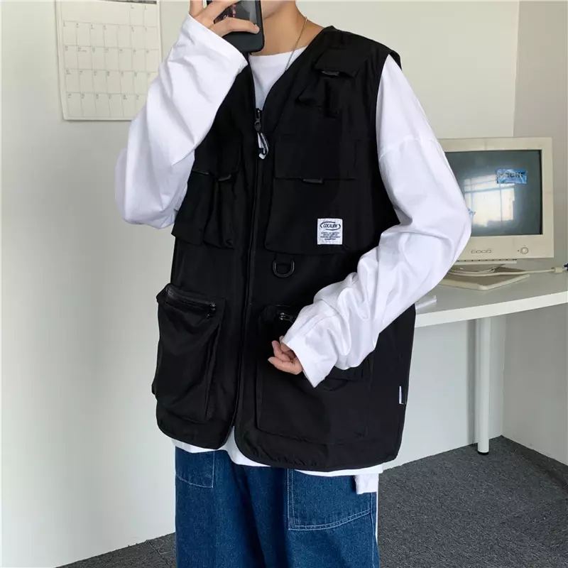 Multi-pockets Vests Women Cool High Street Hip-hop Black Simple Tactical Vest Coats Harajuku Korean Style Students Streetwear