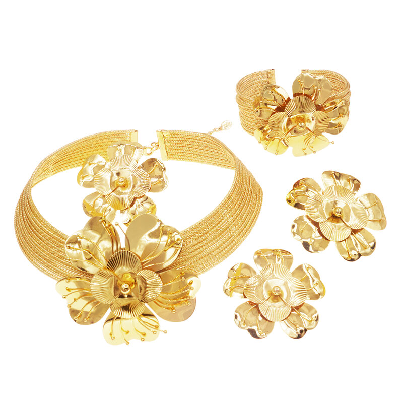 บราซิล Gold Plated Design สร้อยสตรีชุดเครื่องประดับทองแดงบริสุทธิ์คุณภาพสูงสร้อยคอต่างหูดอกไม้ Bud Shape จัดเลี้ยงงานแต่งงาน