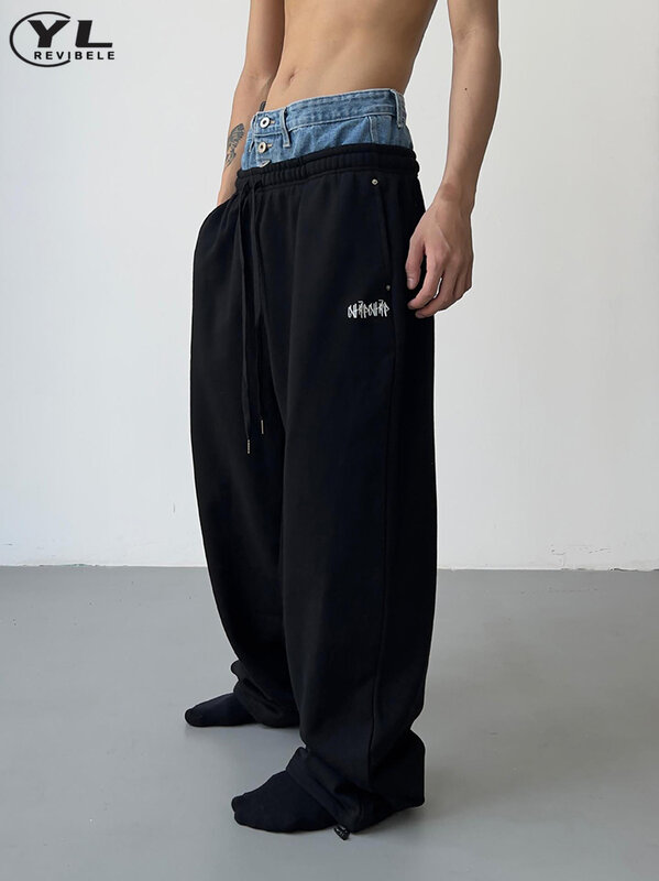 Брюки мужские джинсовые с широкими штанинами, мешковатые прямые штаны в стиле пэчворк, повседневные брюки для бега в стиле хип-хоп, весна