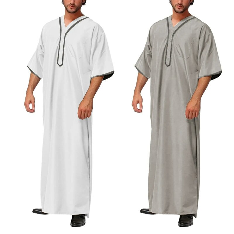 2024 Muslim pria Jubba Thobe padat tombol Kimono tengah jubah Muslim Saudi kemeja pria kerah berdiri Islam Arab Kaftan pria abaya
