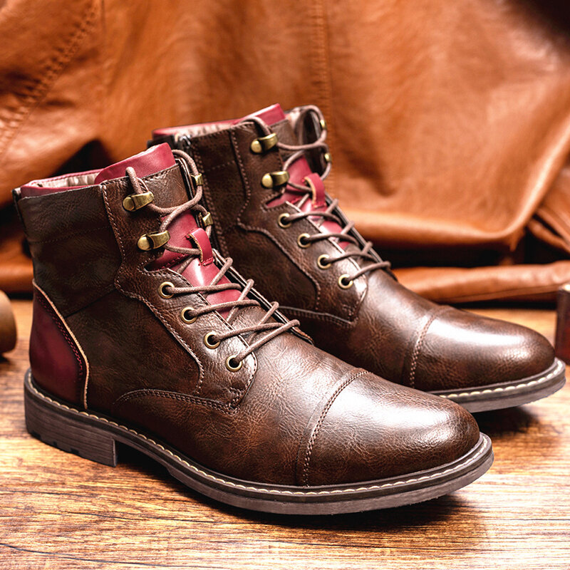 Stylish New Retro High Men's Leather Shoes Dress Business Working Brown Male Boots Lace-up Flat Casual Comfortable Men's Shoes