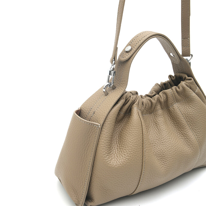 SC Fashionable Women Top-handle Bag Genuine Leather Magnetic Elastic Closure Side Pockets Long Strap Shoulder Cross body Handbag