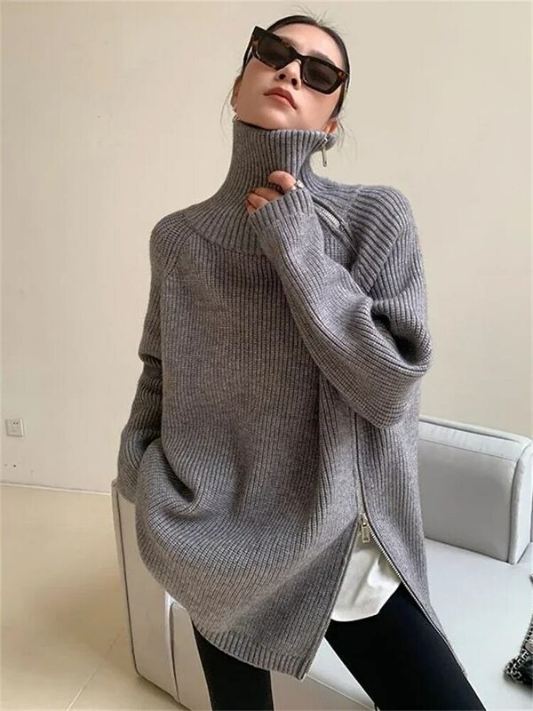 여성용 터틀넥 지퍼 오버사이즈 패션 스웨터, 2024 가을 니트웨어, 루즈하고 두껍고 따뜻한 하이넥 솔리드 풀오버