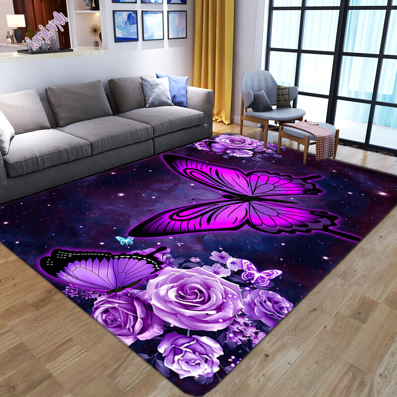 Magnifique tapis moderne imprimé de fleurs violettes, moquette papillon, pour salon, chambre à coucher, chevet, polymère de sol, couloir, antidérapant