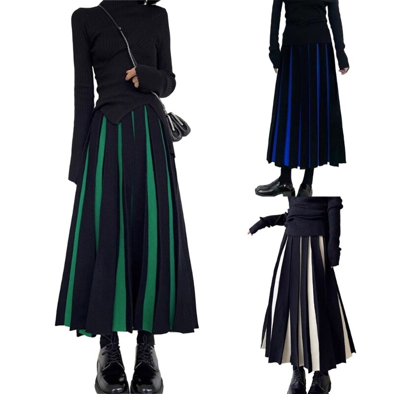 Womens Winter Fall High Elastic Waist Colorblock Pleated Midi Long Knitted Skirt N7YD