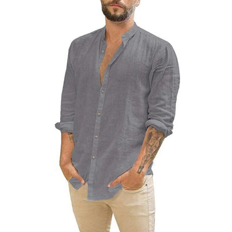 Camisas de manga larga de lino y algodón para hombre, camisas de verano de Color sólido, cuello alto, estilo informal de playa, talla grande, gran oferta