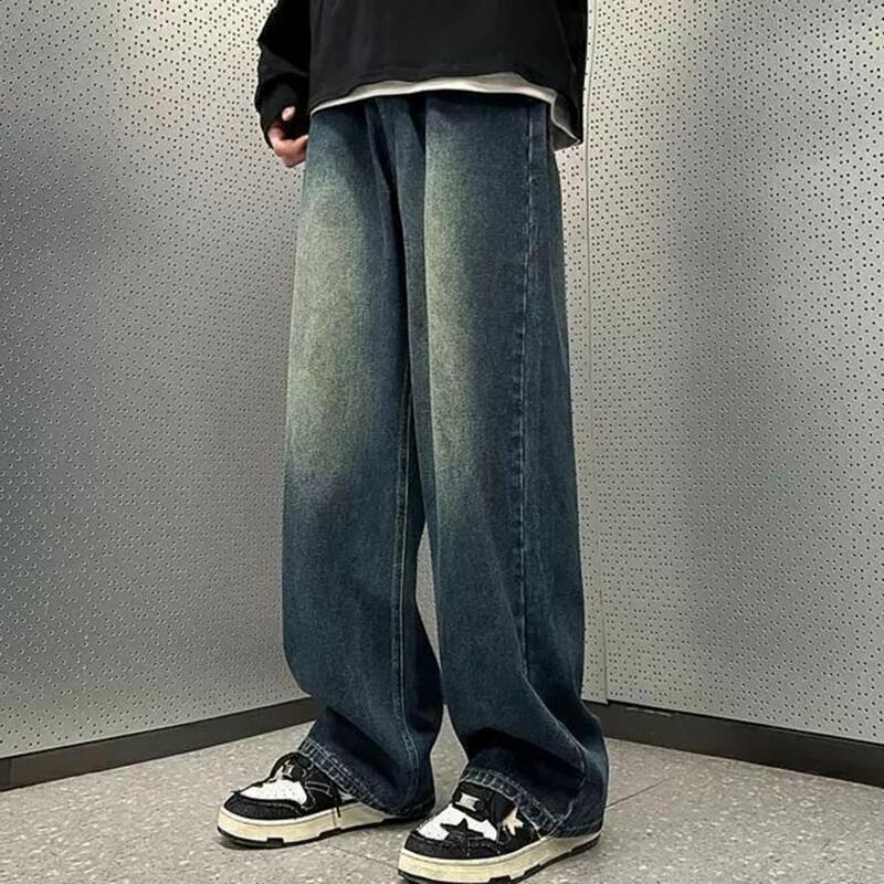 Jeans jeans azul lavado retrô masculino, calças hip-hop, contraste gradiente, perna larga, ajuste solto com bolsos, fecho de botão