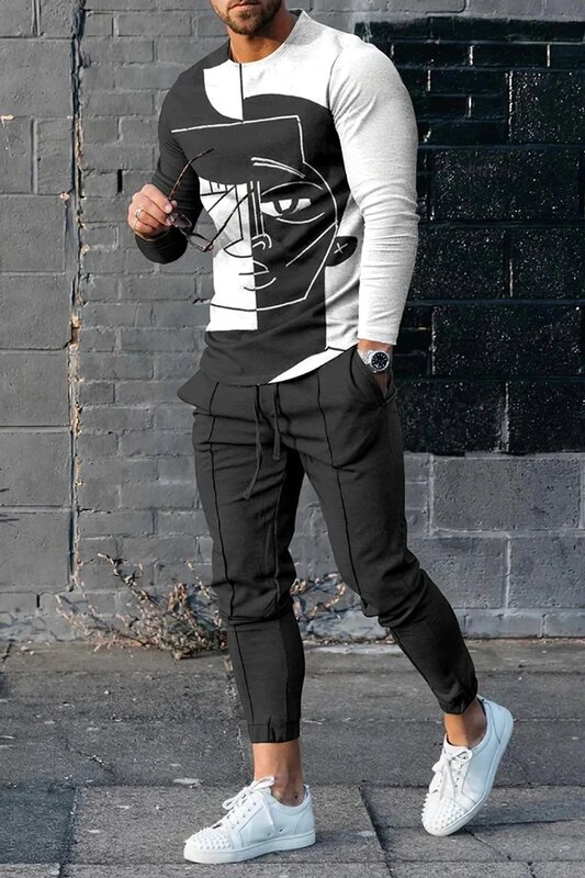 T-shirts e calças de manga comprida masculina de duas peças geometria retro 3d impresso masculino conjuntos de terno casual