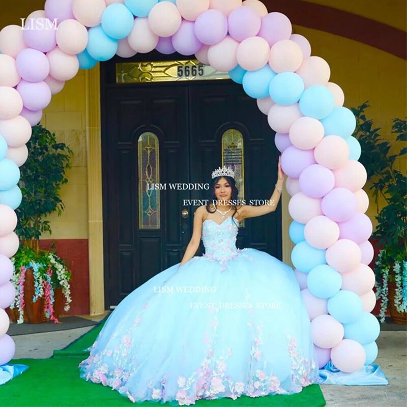 Lips-sky blue Princess Quinceaneraドレス、3Dレースアップリケ、ピンハートコルセットバックチュール誕生日パーティードレス、ゴージャスなドレス、15