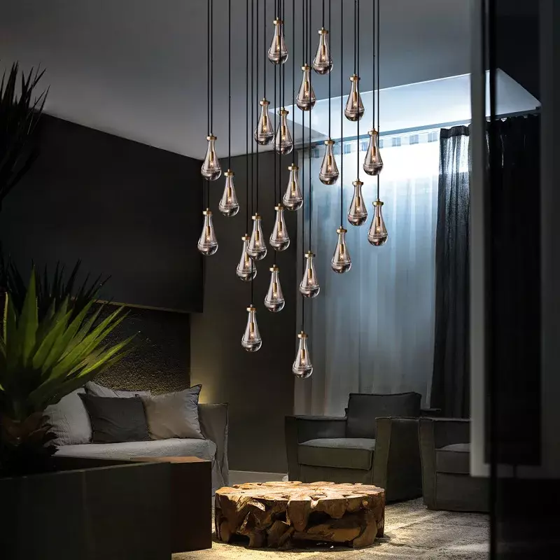 Rain Linear Chandelier LED Glass Island Pendant Hanging Light for Kitchen Modern Waterdrop Dining Room Ceiling Chandelier Lamp