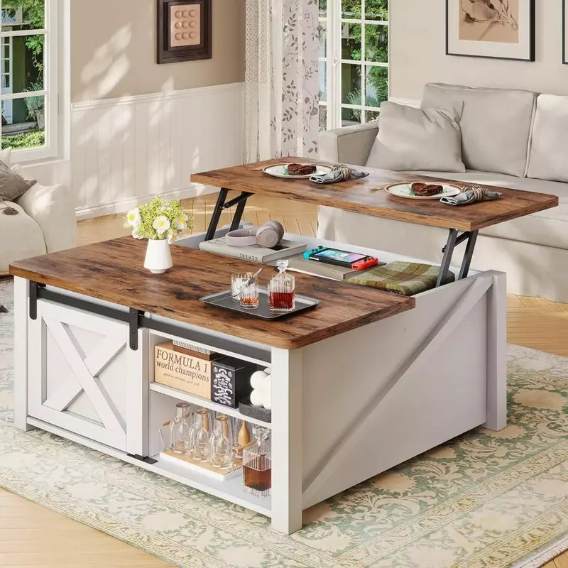 Meja kopi angkat atas 31.5 "dengan penyimpanan, meja kopi persegi untuk ruang tamu, meja kopi Farmhouse