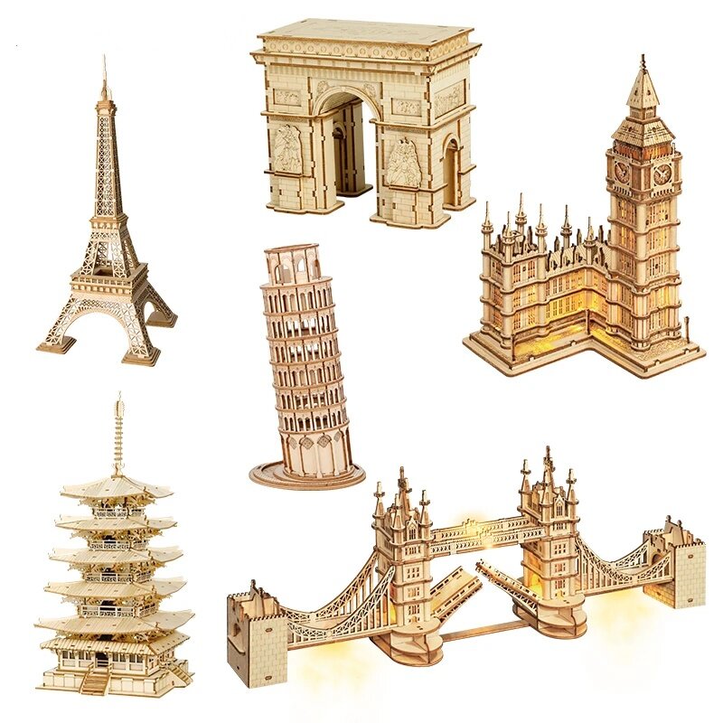 Robotime-rompecabezas 3D de madera para niños, Torre del Big Ben, puente, Pagoda, modelo de construcción, juguetes para niños, regalo de cumpleaños