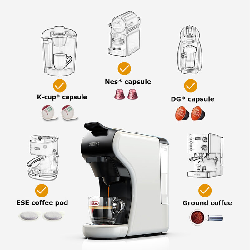 HiBREW Set mesin pembuat kopi 4 dalam 1, beberapa kapsul otomatis dengan mesin busa susu panas & dingin, Set nampan plastik