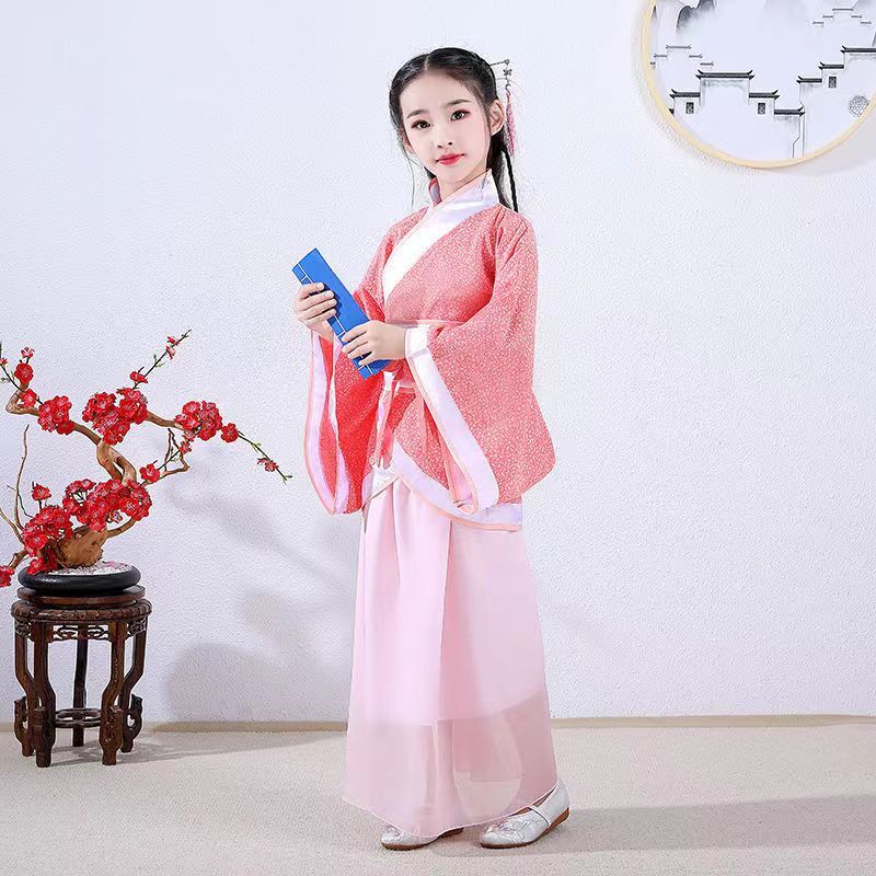 ผ้าไหมจีน Robe เครื่องแต่งกายเด็กหญิง Kimono จีนแบบดั้งเดิม Vintage พัดลมนักเรียน Chorus เต้นรำเครื่องแต่งกาย Hanfu