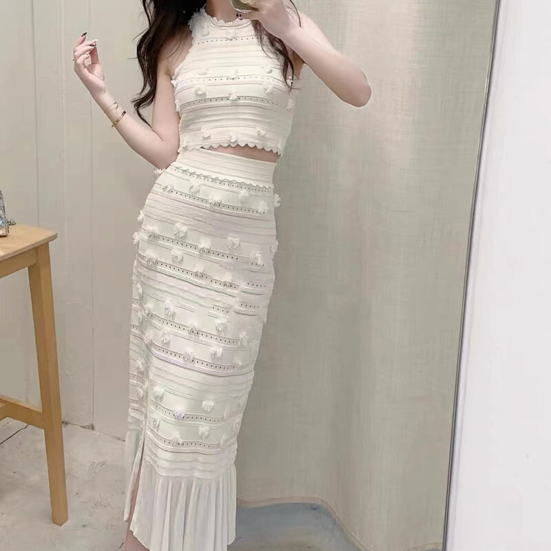 Women's Suit Lace Embroidery Back Hollow Out Knitted Sleeveless Tops or High Waist Split Skirt Lady Casual Suit 2024 Summer New