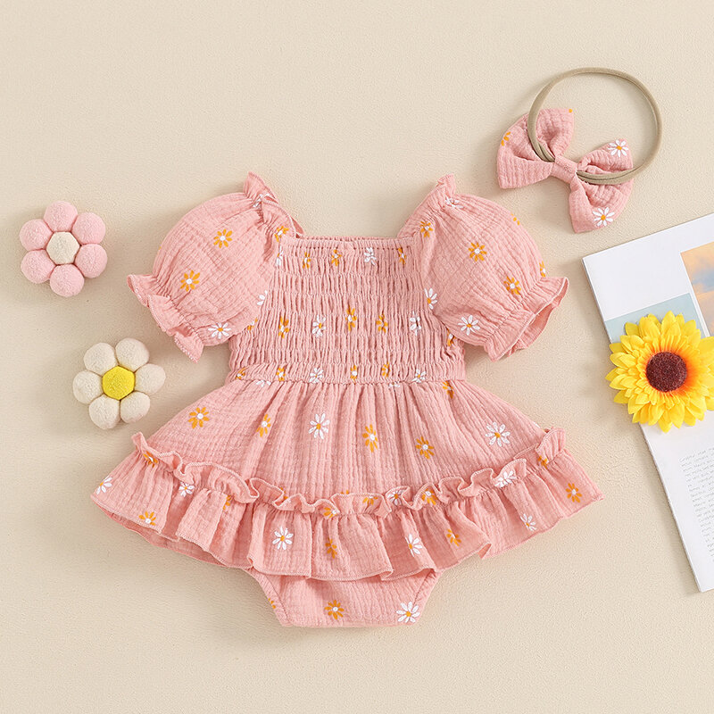 Lioraitiin-Romper Baby Girl com Headband bonito, macacão de manga curta, roupas de verão, roupas estampadas margarida, conjunto 0-18 meses