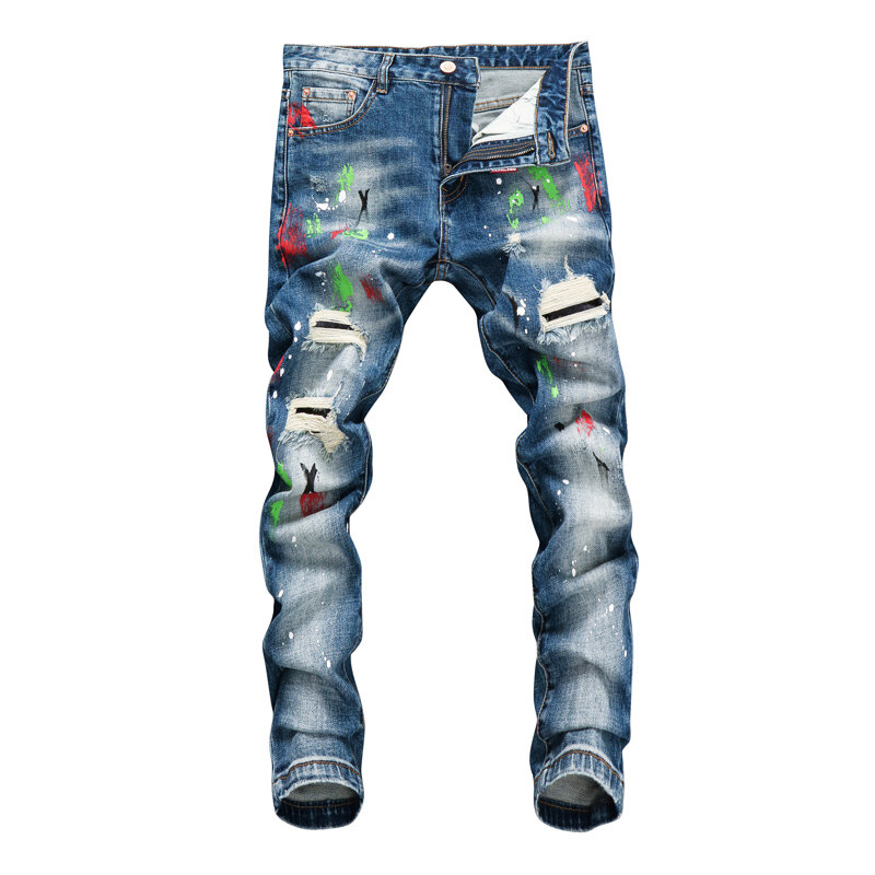 Модные мужские джинсы в уличном стиле, синие Эластичные зауженные рваные джинсы с рисунком в стиле ретро, мужские Стрейчевые брюки, джинсовые брюки в стиле хип-хоп