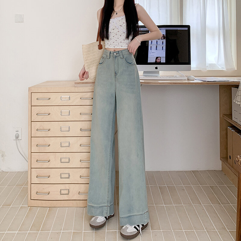 Женские прямые джинсы в стиле ретро, свободные Разноцветные Повседневные брюки с высокой талией и эффектом потертости, лето 2024