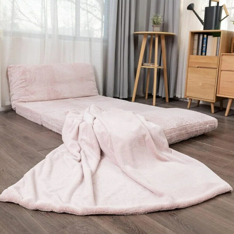 Folding mattress sofa with blanket, 46x91 inch soft faux fur sleeper sofa with machine washable & removable cover, double FL