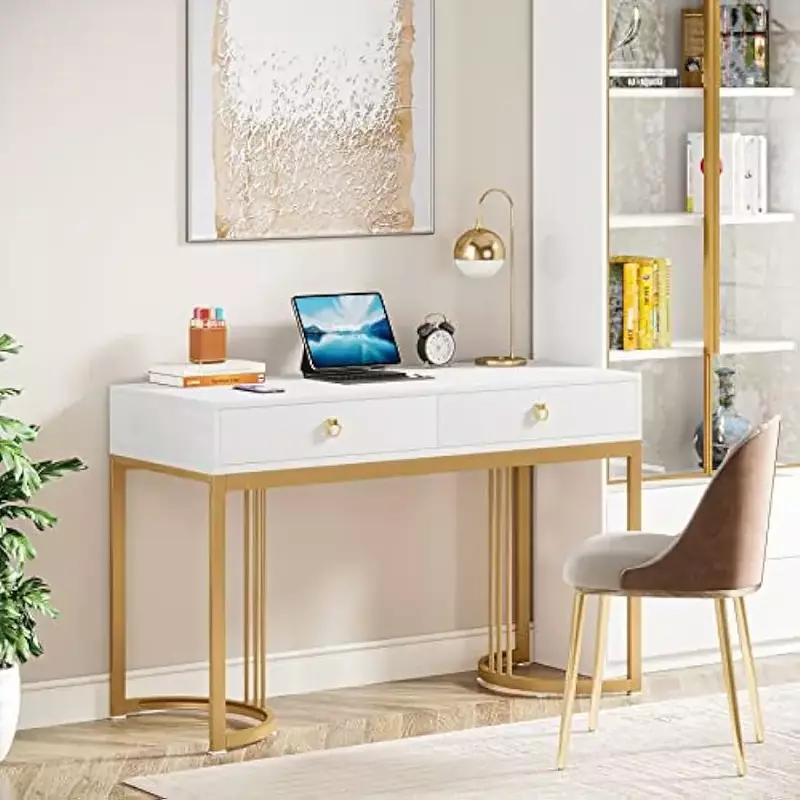 47 inch White and Gold Computer Desk with 2 Drawers, Modern Simple White Vanity Desks Makeup Table w/ Golden Metal Frame Handles