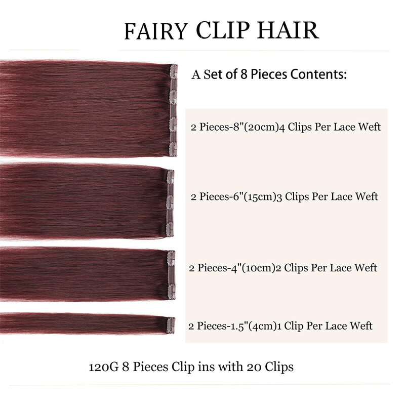 Klip lurus dalam ekstensi rambut manusia klip rambut mulus klip kain ganda dalam ekstensi rambut untuk wanita Burgundy 99J #8 buah