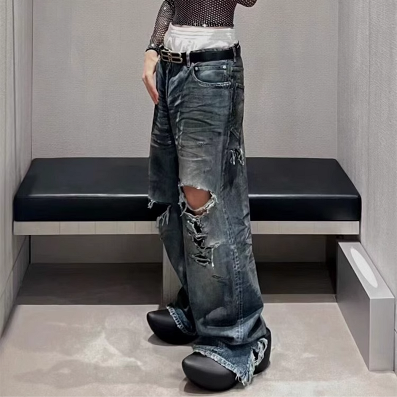جينز فضفاض واسع الساق للرجال والنساء ، بنطلون جينز ذو فتحة متوترة ، بنطلون البضائع المتضخم ، ملابس الشارع المتوترة