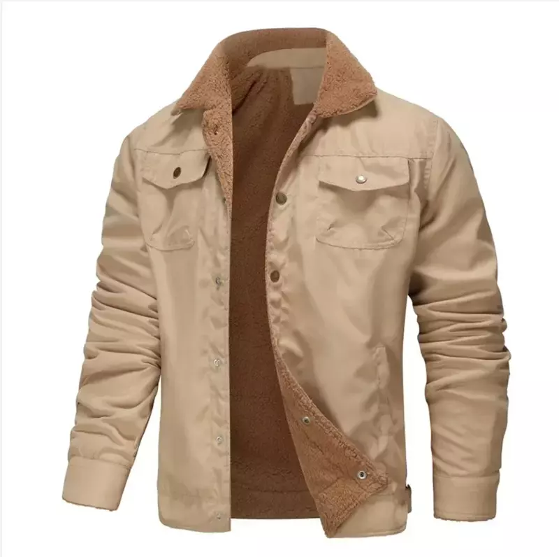 Winter Men Thick Warm Parka Jacket Wind-Resistant Casual Outwear Coat Solid Male Fleece 4 Pockets Lapel Collar Trucker