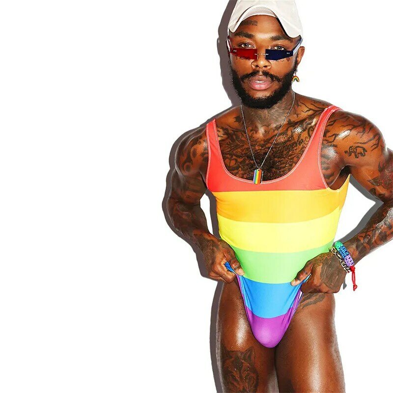 Body Sexy con estampado de arcoíris para hombre, mono de Fitness con Tanga para club nocturno