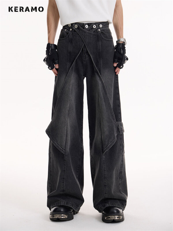 Damen hohe Taille weites Bein Slice Design Jeans amerikanische Vintage Unisex-Stil Freizeit hose weibliche gerade Jeans hose