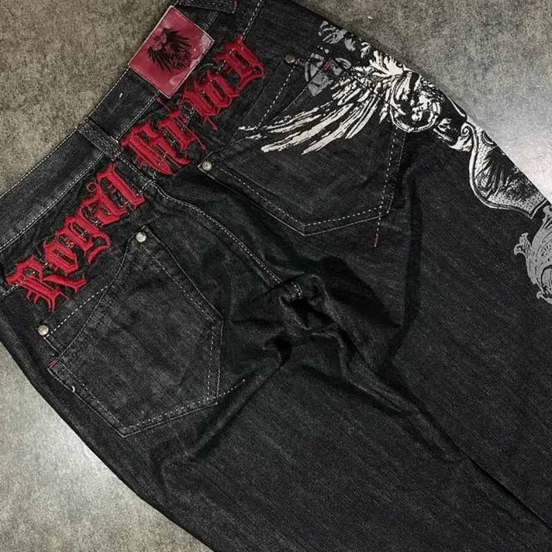 2024 New Street Jeans uomo Harajuku Hip-Hop Retro Pattern ricamo Jeans larghi Y2K pantaloni neri coppia pantaloni gotici a vita alta