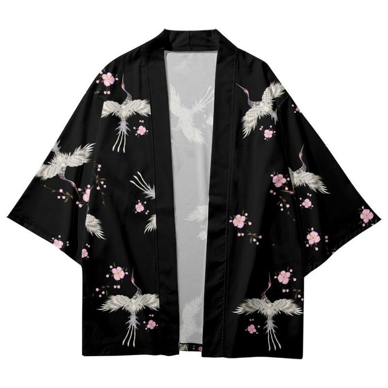 Fashion Crane Print Japanese Cardigan Coat Women Men Traditional Clothing Harajuku Cosplay Shirts Yukata Haori Beach Kimono