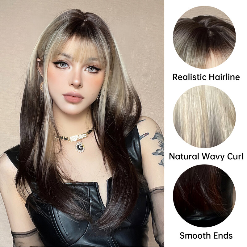 Синтетические прямые парики с эффектом омбре для косплея Платиновые светлые на черные волосы длинные Многослойные натуральные парики с челкой для белых женщин на каждый день